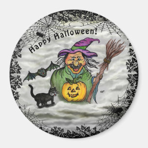 Witch, Cat, Bat en Pumpkin, Happy Halloween! Magneet