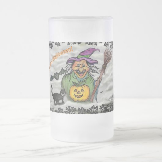 Witch, Cat, Bat en Pumpkin, Happy Halloween! Matglas Bierpul (Center)