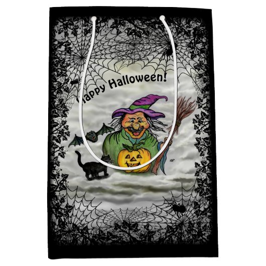 Witch, Cat, Bat en Pumpkin, Happy Halloween! Medium Cadeauzakje (Voorkant)