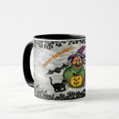 Witch, Cat, Bat en Pumpkin, Happy Halloween! Mok (Voorkant links)