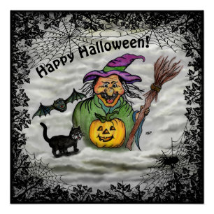Witch, Cat, Bat en Pumpkin, Happy Halloween! Perfect Poster