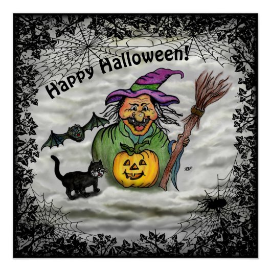 Witch, Cat, Bat en Pumpkin, Happy Halloween! Perfect Poster (Voorkant)