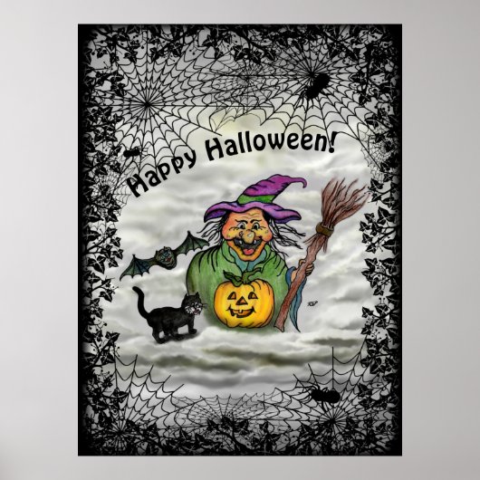 Witch, Cat, Bat en Pumpkin, Happy Halloween! Poster (Voorkant)