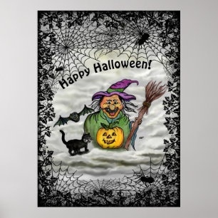 Witch, Cat, Bat en Pumpkin, Happy Halloween! Poster