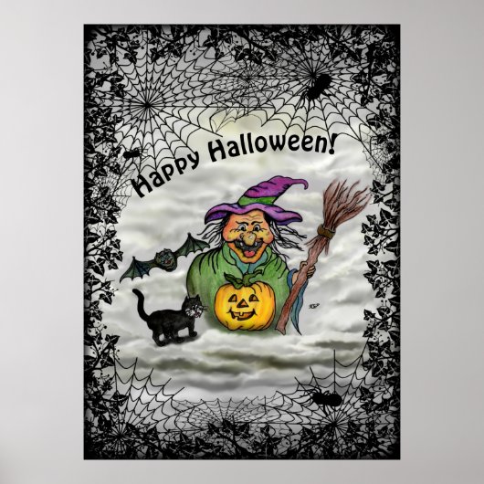 Witch, Cat, Bat en Pumpkin, Happy Halloween! Poster (Voorkant)