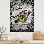 Witch, Cat, Bat en Pumpkin, Happy Halloween! Poster (Keuken)