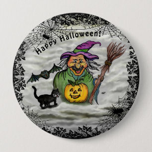 Witch, Cat, Bat en Pumpkin, Happy Halloween! Ronde Button 4,0 Cm