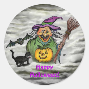 Witch, Cat, Bat en Pumpkin, Happy Halloween! Ronde Sticker
