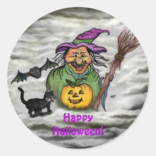 Witch, Cat, Bat en Pumpkin, Happy Halloween! Ronde Sticker (Voorkant)