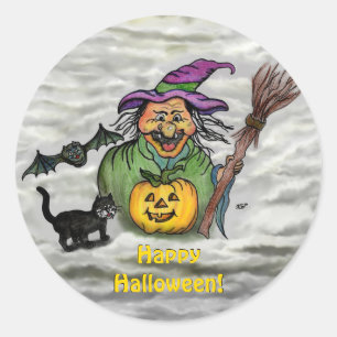 Witch, Cat, Bat en Pumpkin, Happy Halloween! Ronde Sticker