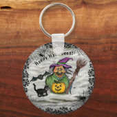 Witch, Cat, Bat en Pumpkin, Happy Halloween! Sleutelhanger (Voorkant)