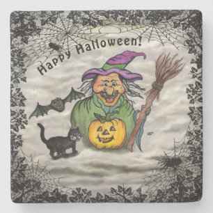 Witch, Cat, Bat en Pumpkin, Happy Halloween! Stenen Onderzetter