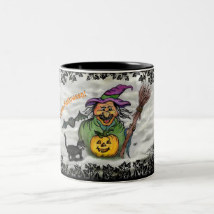 Witch, Cat, Bat en Pumpkin, Happy Halloween! Tweekleurige Koffiemok