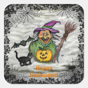 Witch, Cat, Bat en Pumpkin, Happy Halloween! Vierkante Sticker