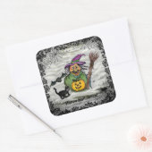 Witch, Cat, Bat en Pumpkin, Happy Halloween! Vierkante Sticker (Envelop)