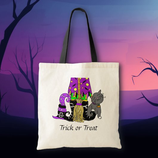 Witch, Cat en Broomstick Halloween Trick or treat Tote Bag