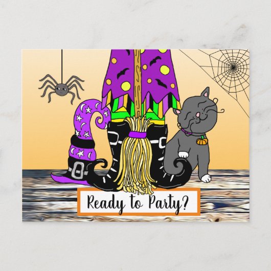 Witch, Cat en Spiderweb Cute Halloween Invitation Briefkaart (Voorkant)