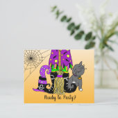 Witch, Cat en Spiderweb Cute Halloween Invitation Briefkaart (Staand voorkant)