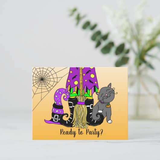 Witch, Cat en Spiderweb Cute Halloween Invitation Briefkaart (Staand voorkant)