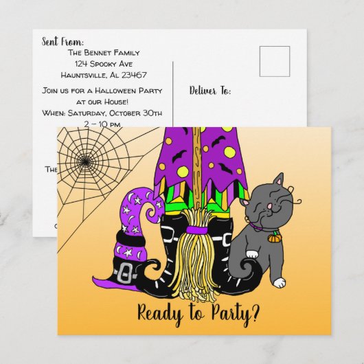 Witch, Cat en Spiderweb Cute Halloween Invitation Briefkaart (Voorkant / Achterkant)