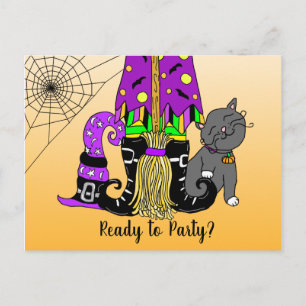 Witch, Cat en Spiderweb Cute Halloween Invitation Briefkaart