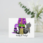 Witch, Cat en Spiderweb Cute Halloween Invitation Briefkaart (Staand voorkant)