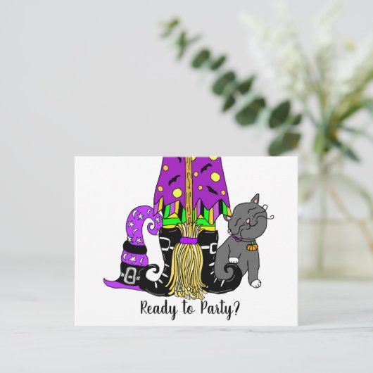 Witch, Cat en Spiderweb Cute Halloween Invitation Briefkaart (Staand voorkant)