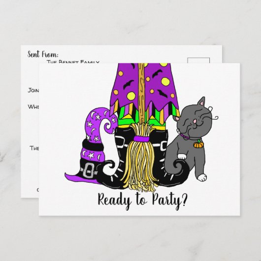 Witch, Cat en Spiderweb Cute Halloween Invitation Briefkaart (Voorkant / Achterkant)