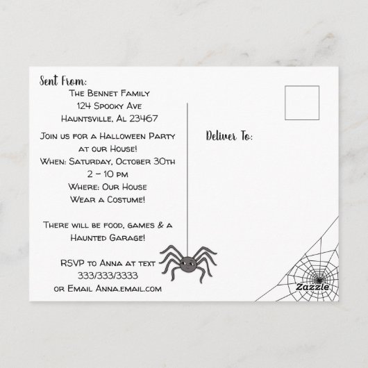 Witch, Cat en Spiderweb Cute Halloween Invitation Briefkaart (Achterkant)