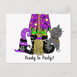 Witch, Cat en Spiderweb Cute Halloween Invitation Briefkaart