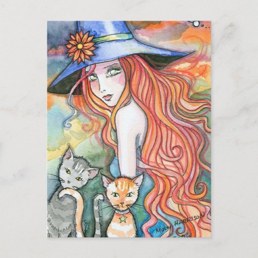 Witch Cat Halloween Art Briefkaart beroemd gemaakt (Voorkant)