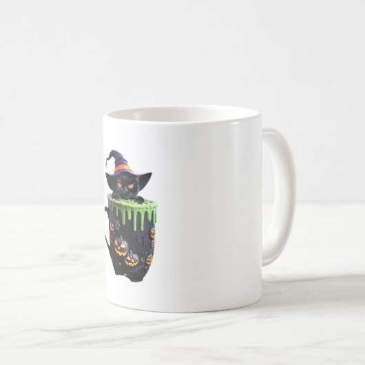 Witch Cat Halloween Coffee Mok – Schattigee zwarte (Voorkant rechts)