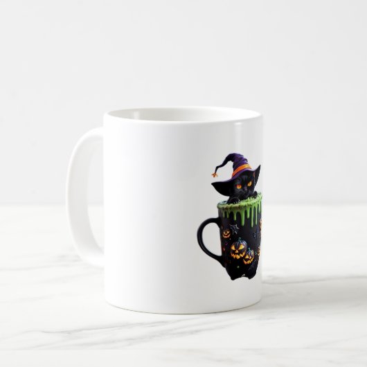 Witch Cat Halloween Coffee Mok – Schattigee zwarte (Voorkant links)