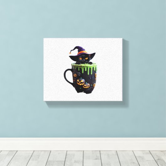 Witch Cat Halloween Coffee Mok – Schattigee zwarte Canvas Afdruk (Insitu (Houten vloer))