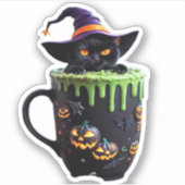 Witch Cat Halloween Coffee Mok – Schattigee zwarte Sticker (Voorkant)