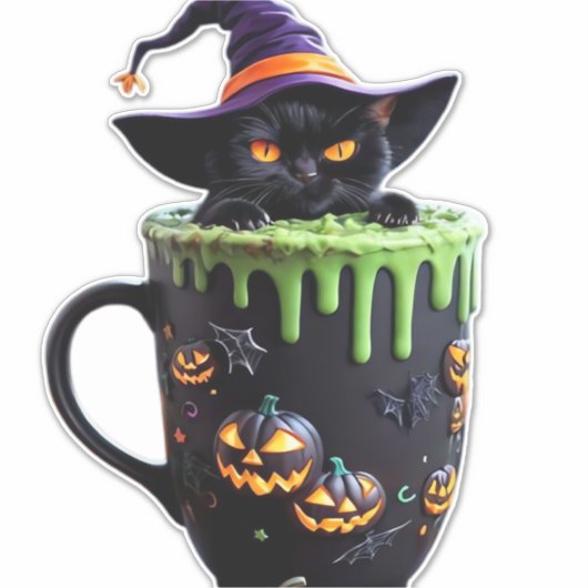 Witch Cat Halloween Coffee Mok – Schattigee zwarte Sticker (Voorkant)