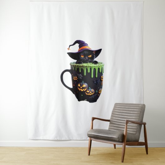 Witch Cat Halloween Coffee Mok – Schattigee zwarte Wandkleed (In situ)
