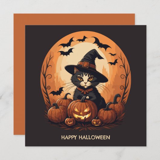 Witch cat halloween feestdagenkaart (Voorkant / Achterkant)