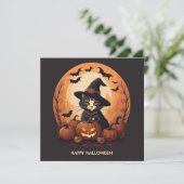 Witch cat halloween feestdagenkaart (Staand voorkant)