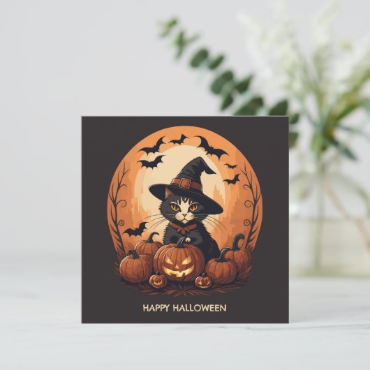 Witch cat halloween feestdagenkaart (Staand voorkant)