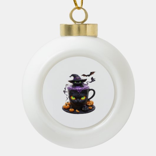Witch Cat Halloween Latte - griezelige Schattigee  Keramische Bal Ornament (Voorkant)