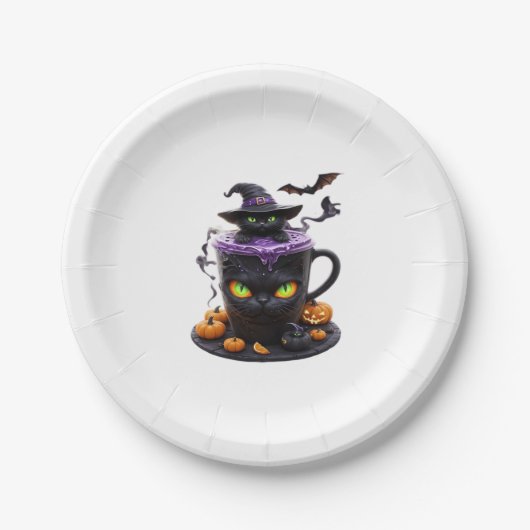 Witch Cat Halloween Latte - griezelige Schattigee  Papieren Bordje (Voorkant)