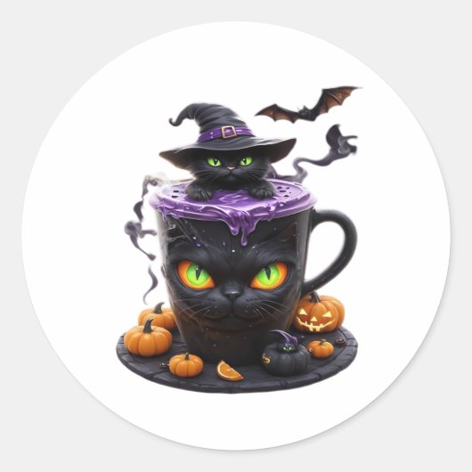 Witch Cat Halloween Latte - griezelige Schattigee  Ronde Sticker (Voorkant)