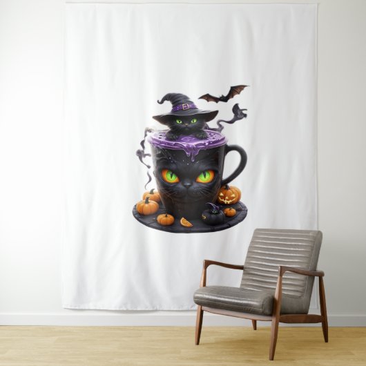 Witch Cat Halloween Latte - griezelige Schattigee  Wandkleed (In situ)