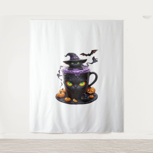 Witch Cat Halloween Latte - griezelige Schattigee  Wandkleed (Voorkant)