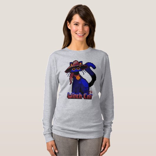 Witch Cat Halloween pixel art T-shirt (Voorkant volledig)