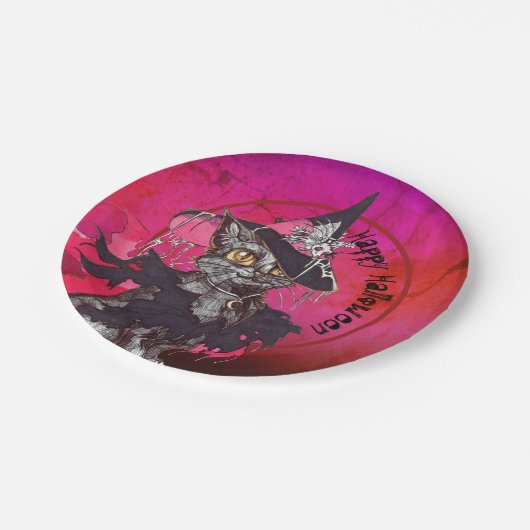 Witch Cat Happy Halloween Papieren Bordje (Gekanteld)
