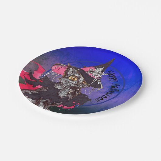 Witch Cat Happy Halloween Papieren Bordje (Gekanteld)