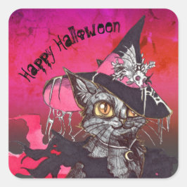 Witch Cat Happy Halloween Vierkante Sticker