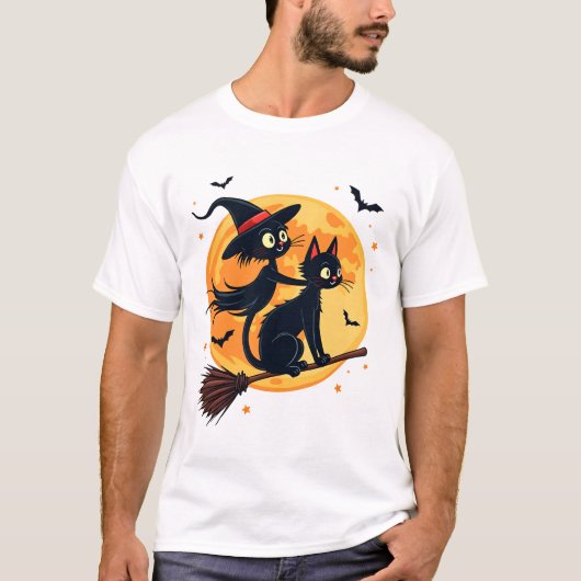 Witch Cat on a Broomstick � Halloween Night Vector T-shirt (Voorkant)